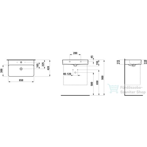 Laufen Val SaphirKeramik 65x42 cm-es mosdó 3 csaplyukkal, túlfolyó nélkül, matt fehér H8102847571581