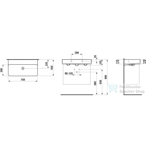 Laufen Val SaphirKeramik 75x42 cm-es mosdó csaplyuk és túlfolyó nélkül,fehér H8102850001121