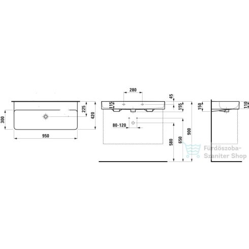 Laufen Val SaphirKeramik 95x42 cm-es mosdó csaplyuk és túlfolyó nélkül, matt fekete H8102877161121