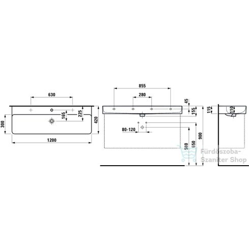 Laufen Val SaphirKeramik 120x42 cm-es mosdó 2 csaplyukkal,túlfolyó nélkül,LCC bevonattal,fehér H8102894001151