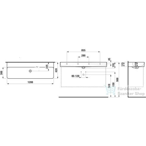 Laufen Val SaphirKeramik 120x42 cm-es mosdó csaplyuk és túlfolyó nélkül,LCC Active bevonattal,fehér H810289A001121