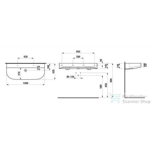 Laufen Sonar 100x42 cm-es mosdó 2 csaplyukkal,túlfolyó nélkül,fehér H8103470001151