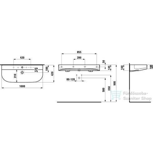 Laufen Sonar 100x42 cm-es mosdó 3 csaplyukkal,LCC bevonattal,fehér H8103474001081
