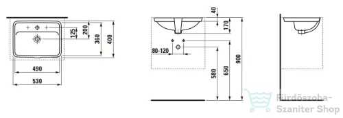 Laufen Pro S 49x36 cm-es alulról beépíthető mosdó csaplyukkal,fehér H8119660001041
