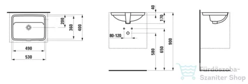 Laufen Pro S 49x36 cm-es alulról beépíthető mosdó csaplyuk nélkül,fehér H8119660001091
