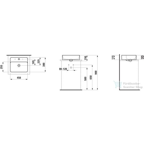 Laufen Val SaphirKeramik 45x38 cm-es pultra ültethető mosdó 3 csaplyukkal,túlfolyó nélkül,fehér H8122800001581