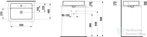 Laufen Val SaphirKeramik 55x40 cm-es pultra ültethető mosdó 3 csaplyukkal,LCC bevonattal,fehér H8122844001081