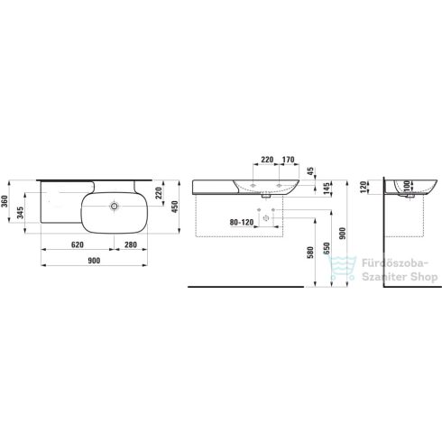 Laufen Ino 90x45 cm-es mosdó csaplyuk és túlfolyó nélkül,pult a bal oldalon,LCC bevonattal,fehér H8133014001121