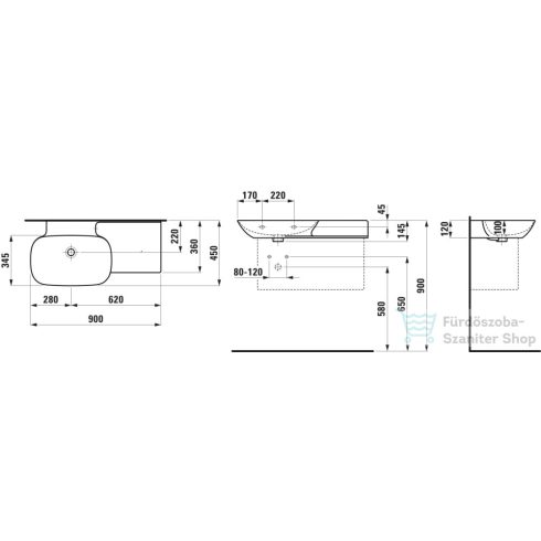 Laufen Ino 90x45 cm-es mosdó, pult a jobb oldalon,csaplyuk nélkül,fehér H8133020001091