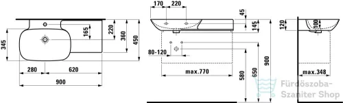 Laufen Ino 90x45 cm-es mosdó, pult a jobb oldalon,LCC bevonattal,fehér H8133024001041