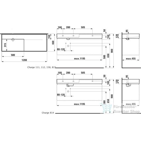 Laufen Kartell By Laufen 120x46 cm-es mosdó,jobb oldali polccal, csaplyuk nélkül,Matt fekete H8133327161121