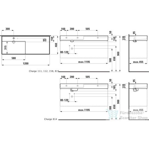 Laufen Kartell By Laufen 120x46 cm-es mosdó,jobb oldali polccal, 2 csaplyukkal,matt fekete H8133327168151
