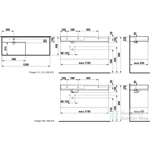 Laufen Kartell By Laufen 120x46 cm-es mosdó,jobb oldali polccal, 3 csaplyukkal,LCC Active bevonattal,fehér H813332A001581