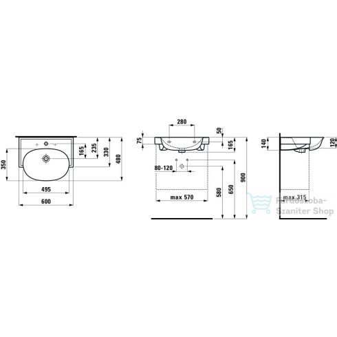 Laufen The New Classic 60x48 mosdó 3 csaplyukkal,túlfolyó nélkül,matt fehér H8138537571581
