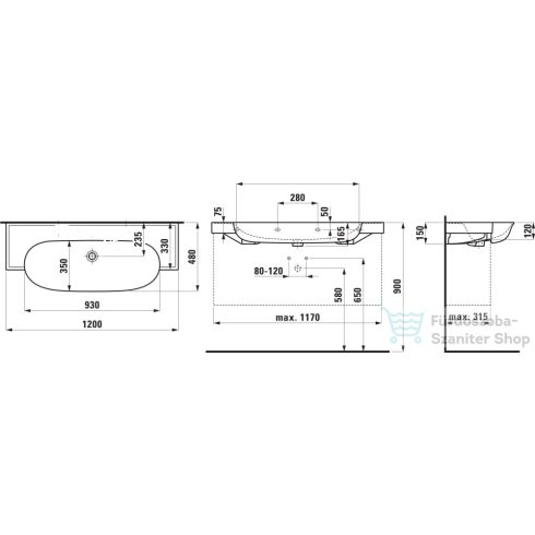 Laufen The New Classic 120x48 cm-es szekrényre illeszthető mosdó csaplyuk nélkül,LCC bevonattal,fehér H8138584001091