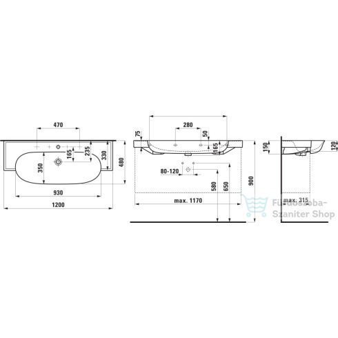 Laufen The New Classic 120x48 cm-es szekrényre illeszthető mosdó 3 csaplyukkal,túlfolyó nélkül,matt fehér H8138587571581
