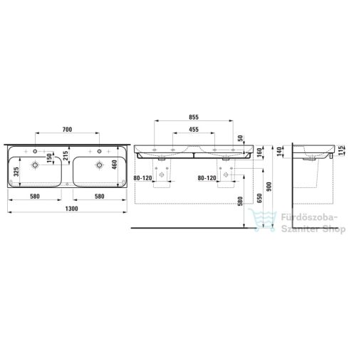 Laufen MEDA 130x46 cm-es falra/bútorra szerelhető dupla mosdó túlfolyó nélkül,fehér H8141120001111