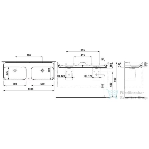 Laufen MEDA 130x46 cm-es falra/bútorra szerelhető dupla mosdó csaplyuk nélkül,LCC bevonattal,fehér H8141124001091