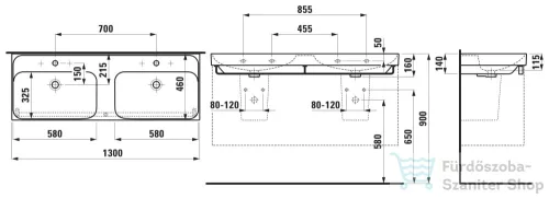 Laufen MEDA 130x46 cm-es falra/bútorra szerelhető dupla mosdó túlfolyó nélkül,LCC bevonattal,fehér H8141124001111