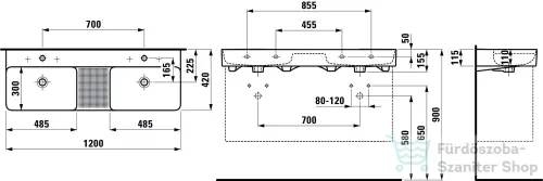 Laufen Val SaphirKeramik 120x42 cm mosdó 2 csaplyukkal, félig száraz zónával H8142820001041 ( 814282 )