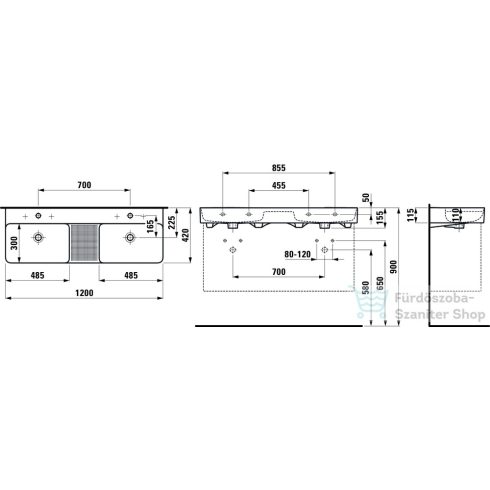 Laufen Val SaphirKeramik 120x42 cm-es mosdó 3 csaplyukkal, félig száraz zónával, matt fekete H8142827161081