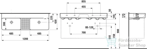 Laufen Val SaphirKeramik 120x42 cm-es mosdó csaplyuk nélkül,félig száraz zónával,matt fehér H8142827571091