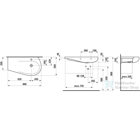 Laufen Ilbagnoalessi 90x50 cm-es ráépíthető mosdó kerámia lefolyószelep takaróval, balos pulttal, matt fekete H8149767161041