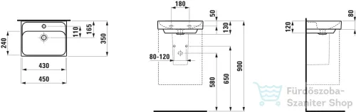 Laufen MEDA 45x35 cm-es falra/bútorra szerelhető mosdó túlfolyó nélkül,fehér H8151110001111