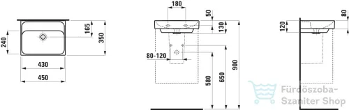 Laufen MEDA 45x35 cm-es falra/bútorra szerelhető mosdó csaplyuk-és túlfolyó nélkül,matt grafit H8151117581121