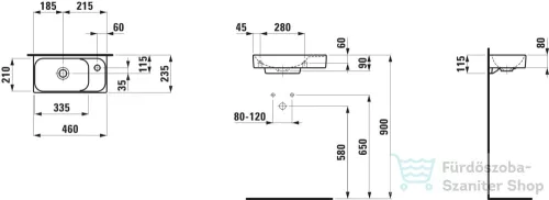 Laufen MEDA 46x23,5 cm-es falra/bútorra szerelhető mosdó túlfolyó nélkül,jobb oldali csaplyukkal,matt fekete H8151137161141