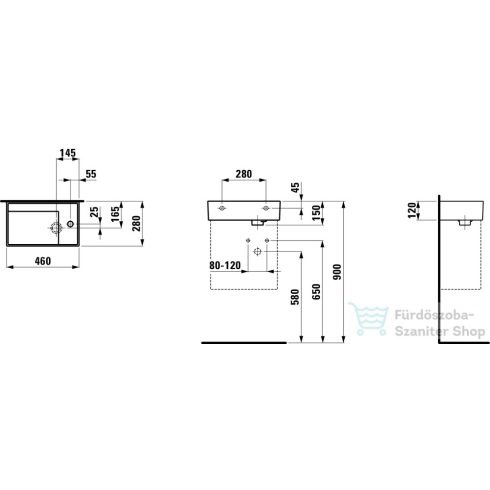 Laufen Kartell 46x28 cm-es kézmosó, jobb oldali csaplyukkal,speciális rejtett lefolyóval,Fényes fekete H8153340201111