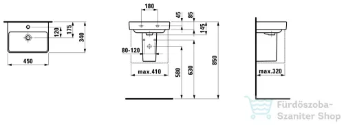 Laufen Pro S 45x34 cm-es kézmosó 1 csaplyukkal,túlfolyó nélkül,LCC Active bevonattal,fehér H815961A001561
