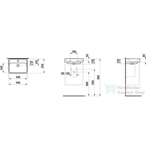 Laufen MEDA 45x35 cm-es falra/bútorra szerelhető csiszolt aljú mosdó túlfolyó nélkül,LCC bevonattal.fehér H8161114001111