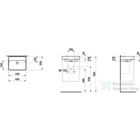 Laufen MEDA 45x35 cm-es falra/bútorra szerelhető csiszolt aljú mosdó LCC bevonattal,csaplyuk-és túlfolyó nélkül,fehér H8161114001121