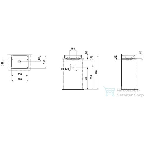 Laufen MEDA 45x35 cm-es falra/bútorra szerelhető csiszolt aljú mosdó csaplyuk nélkül,matt fekete H8161117161091