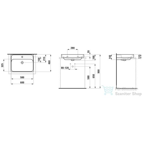Laufen MEDA 60x46 cm-es falra/bútorra szerelhető csiszolt aljú mosdó túlfolyó nélkül,fehér H8161130001111