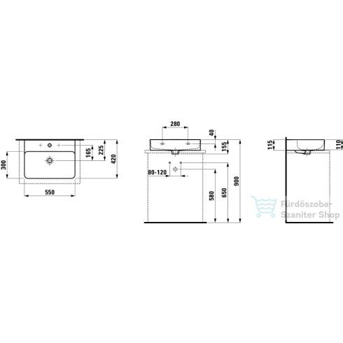 Laufen Val SaphirKeramik 55x42 cm-es túlfolyó nélküli csiszolt aljú mosdó 3 csaplyukkal,LCC bevonattal,fehér H8162824001581