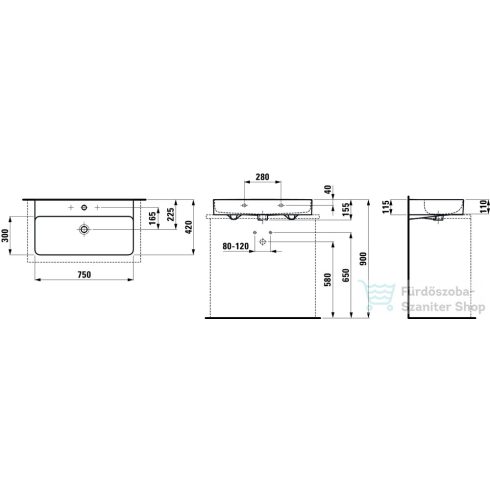 Laufen Val SaphirKeramik 75x42 cm-es csiszolt aljú mosdó 3 csaplyukkal,LCC Active bevonattal,fehér H816285A001081