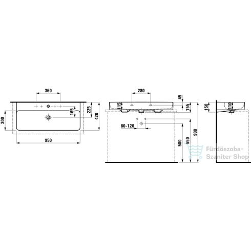 Laufen Val SaphirKeramik 95x42 cm-es csiszolt aljú mosdó,LCC bevonattal,fehér H8162874001041