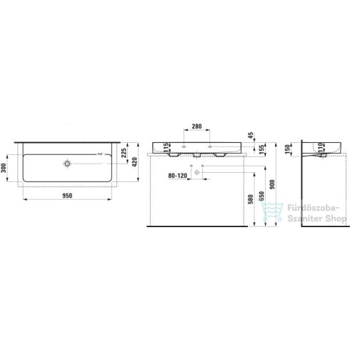 Laufen Val SaphirKeramik 95x42 cm-es csiszolt aljú mosdó csaplyuk és túlfolyó nélkül,LCC Active bevonattal,fehér H816287A001121