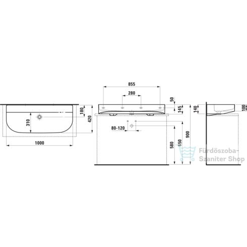 Laufen Sonar 100x42 cm-es csiszolt aljú mosdótál,csaplyuk és túlfolyó nélkül,fehér H8163470001121