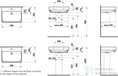 Laufen Pro S 60x46,5 cm-es csiszolt aljú mosdó 3 csaplyukkal,LCC Active bevonattal,fehér H816963A001081