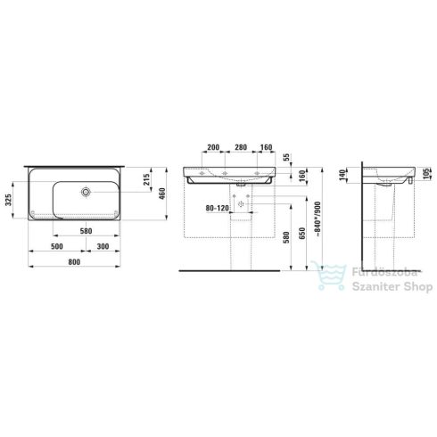 Laufen MEDA 80x46 cm-es falra/bútorra szerelhető mosdó csaplyuk és túlfolyó nélkül,bal oldali pulttal,LCC bevonattal,fehér H8171154001121
