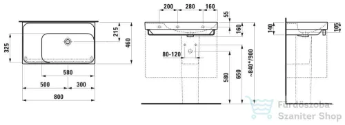 Laufen MEDA 80x46 cm-es falra/bútorra szerelhető mosdó csaplyuk és túlfolyó nélkül,bal oldali pulttal,matt fekete H8171157161121