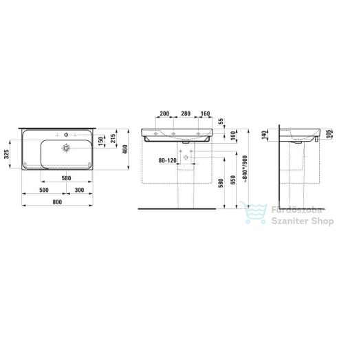 Laufen MEDA 80x46 cm-es falra/bútorra szerelhető mosdó 3 csaplyukkal, bal oldali pulttal, matt fehér H8171157571081
