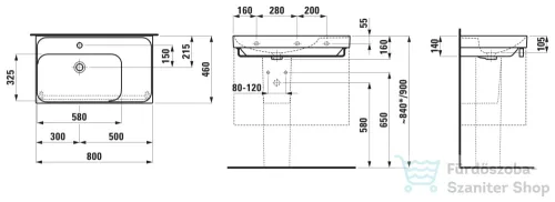 Laufen MEDA 80x46 cm-es falra/bútorra szerelhető mosdó túlfolyó nélkül,jobb oldali pulttal,matt fekete H8171167161111