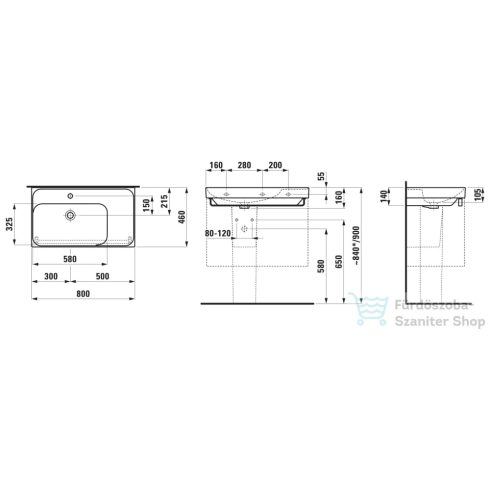 Laufen MEDA 80x46 cm-es falra/bútorra szerelhető mosdó túlfolyó nélkül,jobb oldali pulttal,matt fehér H8171167571111