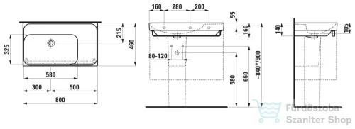 Laufen MEDA 80x46 cm-es falra/bútorra szerelhető mosdó túlfolyó és csaplyuk nélkül,jobb oldali pulttal,matt grafit H8171167581121