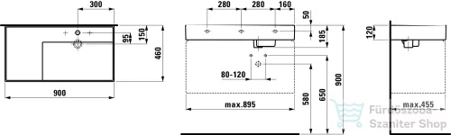 Laufen Kartell By Laufen 90x46 cm-es csiszolt aljú mosdó, bal oldali polccal,1 csaplyukkal,fényes fekete H8183390201111