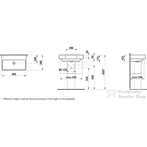 Laufen Pro S 60x38 cm-es mosdó csaplyuk és túlfolyó nélkül,LCC Active bevonattal,fehér H818959A001421